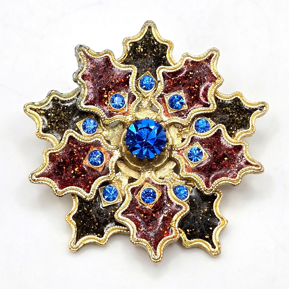 Vintage West Germany Gold Tone Blue Rhinestone Starburst Brooch Glitter Enamel